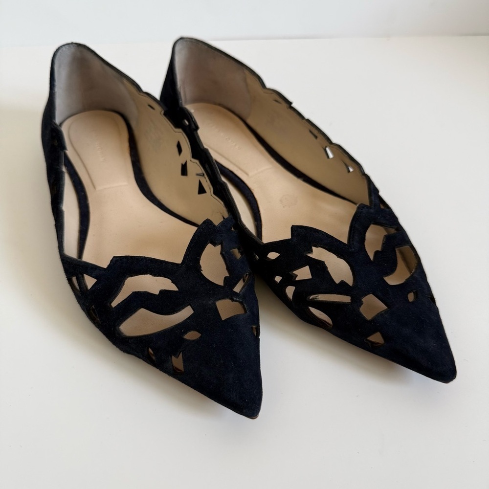 Zara Navy Pointed Laser-Cut Suede Flats